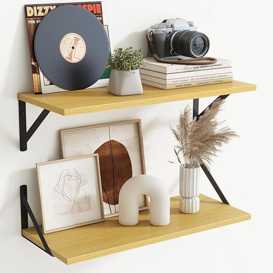 Floating Shelves for Wall Decor,24" Wx8 D Wall Mount Floating Bookshelf Set of 2,Hanging Storage Shelf with Sturdy Metal Brackets,Wooden Shelf for Living Room,Bedroom,Bathroom,Oak