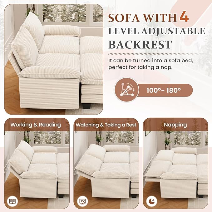 Modular Sectional Sofa Cloud Couch, Comfy Corduroy Loveseat with Ottoman Upholstered Deep Seat Sleeper Sofa Bed 2 Seater Couch Oversized Chaise Lounge Chair Indoor for Living Room Bedroom, Beige