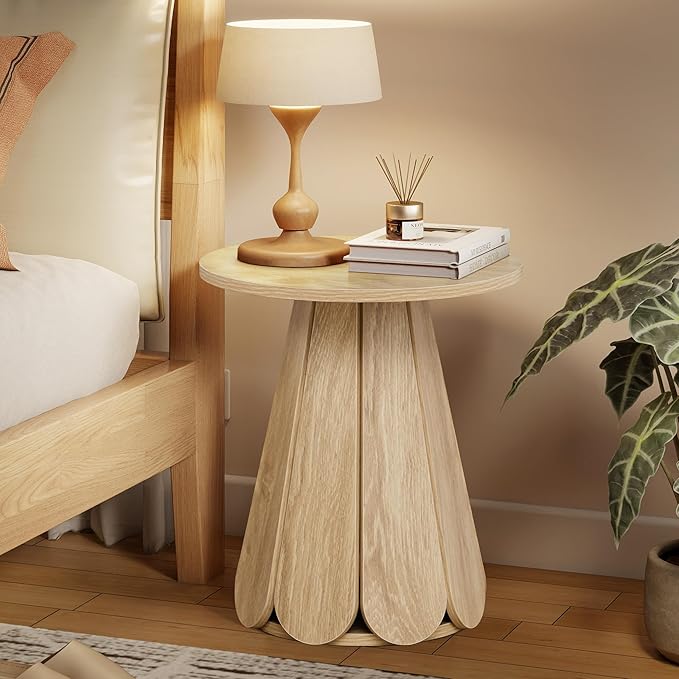 Round End Table Nightstand, Mid Century Modern Side Table, Circle Bedside Tables Wood Night Stand for Bedroom, Living Room, Small Space, Natural