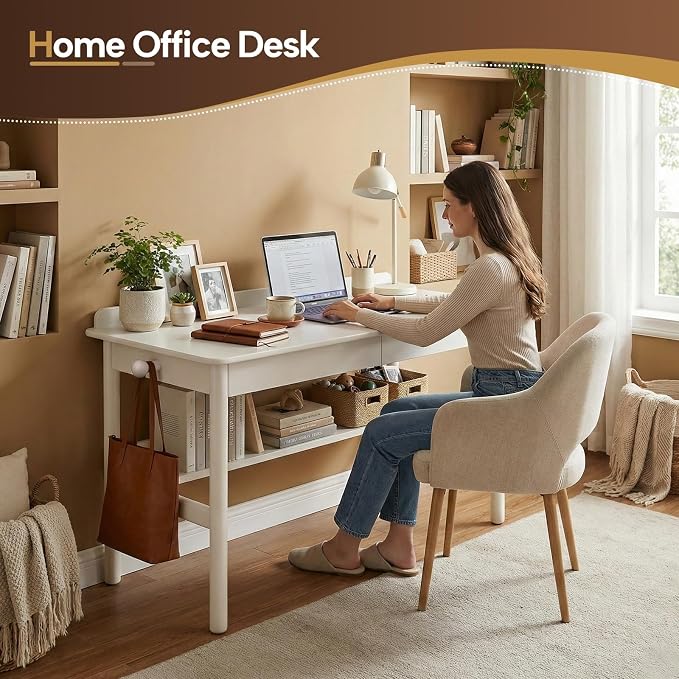 Solid Wood Study Desk & Home Office Writing Table with Drawers, 47" Vintage Mid Century Modern Computer Desk, Home Office Workstation for Bedroom, Small Spaces, Apartment(White,47.2 Inch Wide)
