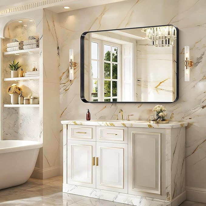 CIRCUMI Black Bathroom Mirror, 36"x48" Rectangular Mirror with Deep Metal Frame, Rounded Corner, Tempered Glass, Large Mirror for Wall, Over 2 Sinks, Installed Vertically/Horizontally, Crystal-Clear