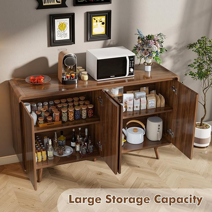 Mid Century Modern Buffet Cabinet with Storage, 55 Inch Sideboard Credenza with Doors & Shelves Console Coffee Bar Table for Living Room, Kitchen, Dining Room and Hallway, Walnut