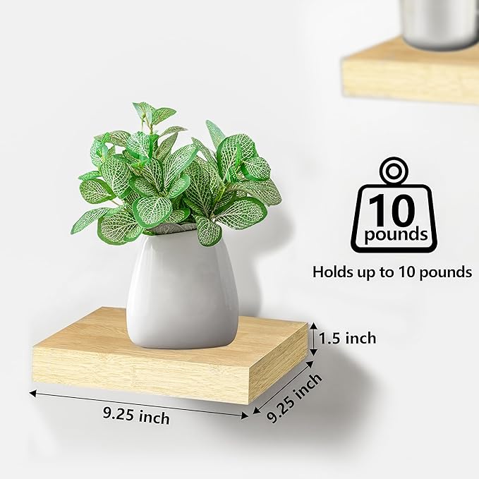 Sorbus 9X9 Inch Floating Shelves for Wall – Square Floating Shelf with Invisible Mounting Bracket for Kitchen, Bedroom, Living Room & Bathroom Decor – Rustic Showcase Wall Shelf (Maple Wood, 3 Pack)