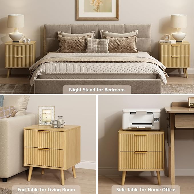 CARPETNAL Fluted Dresser and Nightstand Sets for Bedroom, 3 Pcs Bedroom Set, 7-Drawer Dresser & 2-Drawer Nightstand Set of 2, Modern Wood Chest of Drawers for Living Room, Entryway, Oak