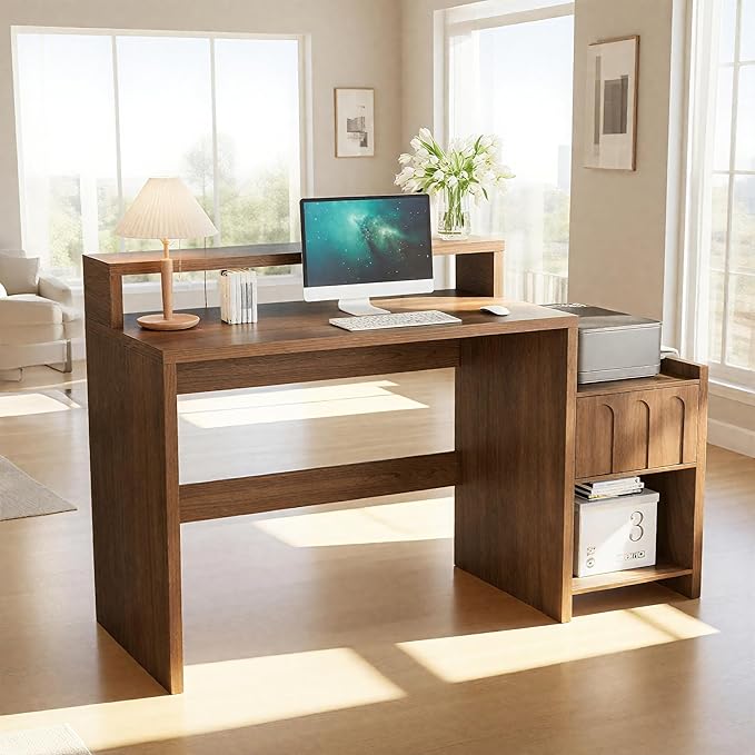60 Inch Executive Desk with Drawer, Farmhouse Home Office Desk with Printer Shelf, Mid Century Modern Walnut Computer Desk Work Table, Monitor Shelf, Charging Station, for Study, Living Room, Brown