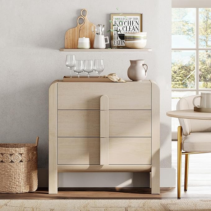 WAMPAT Sideboard Buffet Cabinet with Storage with 3 Drawers,Modern French 31.5" W Buffet Cabinet with Storage,Wood Coffee Bar Cabinets with Curved Edge Design for Kitchen Living Room,Light Oak