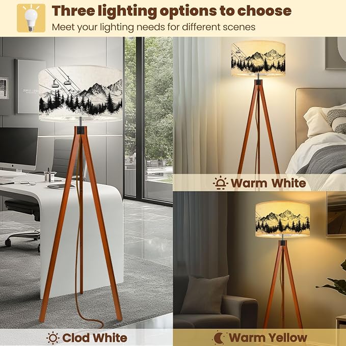 Wood Tripod Floor Lamp for Bedroom, Modern Mountain Ski Lift Sketch Pine Trees Peaks Forest Alpine Scenery Pen Reading Standing Lamp, Mid Century Night Light for Study Room Living Room Office