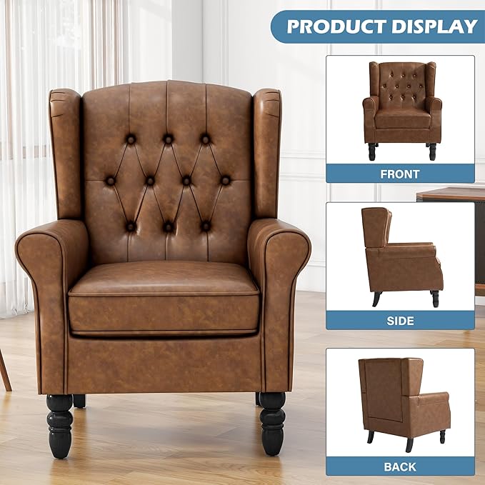 High Back Accent Chair, PU Leather Upholstered Armchair Wingback Chair for Living Room, Comfy Single Sofa Bedroom Reading Seat with Solid Wood Legs, Brown