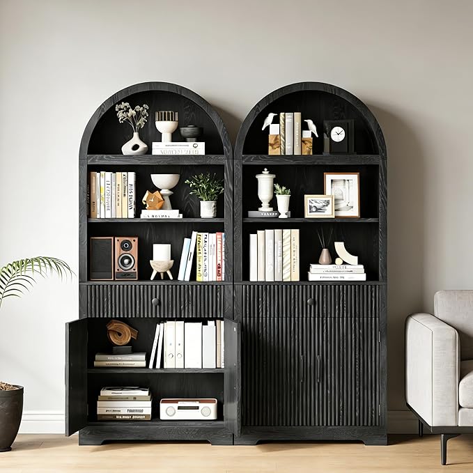 Farmhouse Arched Bookshelf, Mid-Century Modern 5-Tier Curved Cabinet with Door, Wooden Bathroom Storage Cabinet, Kitchen Pantry Cabinet for Living Room, Kitchen，Home Office, Black X2