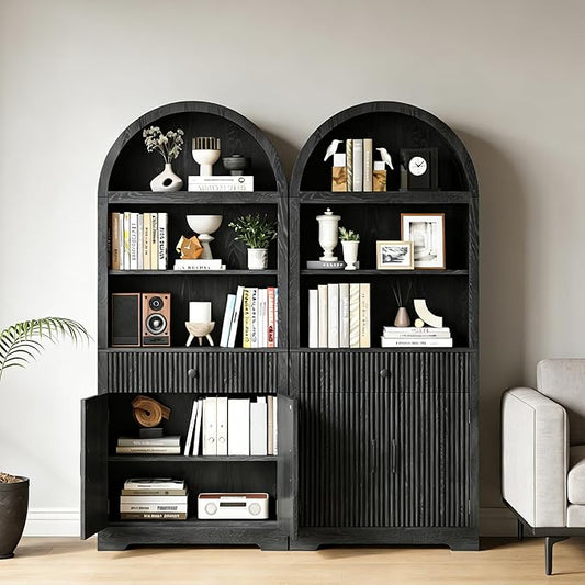 Farmhouse Arched Bookshelf, Mid-Century Modern 5-Tier Curved Cabinet with Door, Wooden Bathroom Storage Cabinet, Kitchen Pantry Cabinet for Living Room, Kitchen，Home Office, Black X2