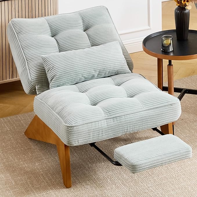 Accent Chair with Ottoman Adjustable Backrest, Stripe Living Room Chair Indoor Lounge Chair with Build-in Footrest Set, Modern Chair Cozy Reclining Chair for Reading Room, Green