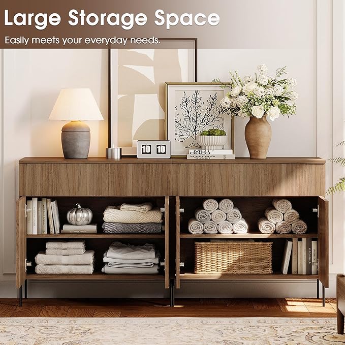 WAMPAT 63" W Large Sideboard Buffet Cabinet with Storage, 2 in 1 Fluted Sideboard Buffet with 4 Doors, Wooden Buffet Table, Coffee Bar Wine Bar Cabinet for Dining Room, Living Room, Light Walnut