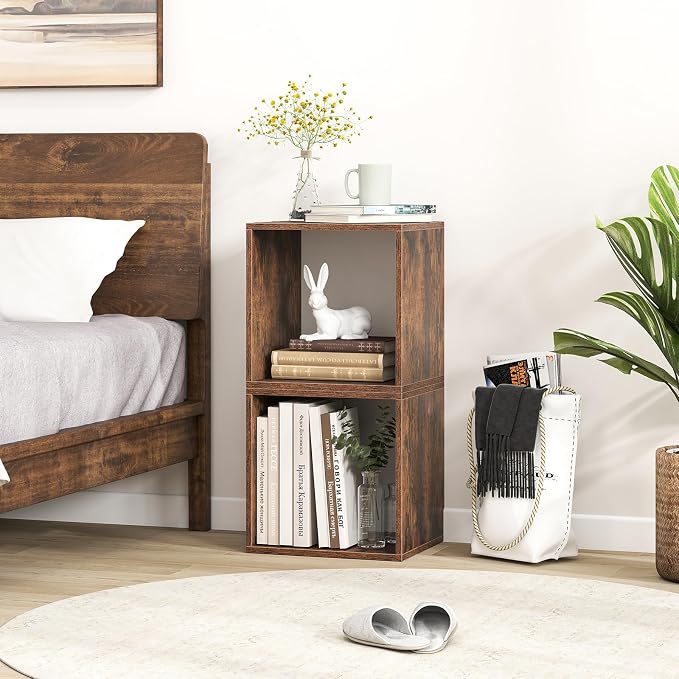 Giantex 4 Cube Bookshelf Organizer, 2-Tier Stackable Cube Storage Organizer, Small Wooden Open Book Shelf with Anti-toppling Device, Wood Floor Standing Display Shelving Bookcase, Rustic Brown