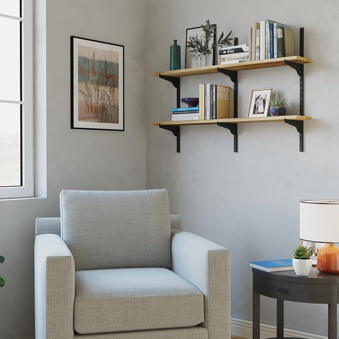 Wallniture Turin 36 inch Wooden Wall Shelf Unit, Height Adjustable Wall Shelves for Display, Storage, Organization and Decor, Kitchen Organizer Shelf, Floating Bookshelves for Living Room, 2 Tier