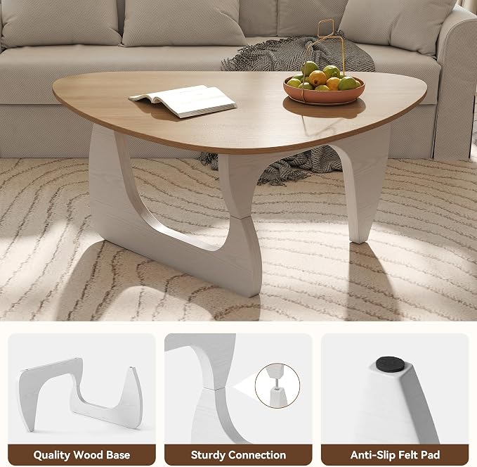 Modern Wood Coffee Table, Triangle Center Table with Premium Wooden Top& Unique Base, 35.5” Small Mid Century Tea Tables for Living Room, Apartment, Office,Natural Wood &White