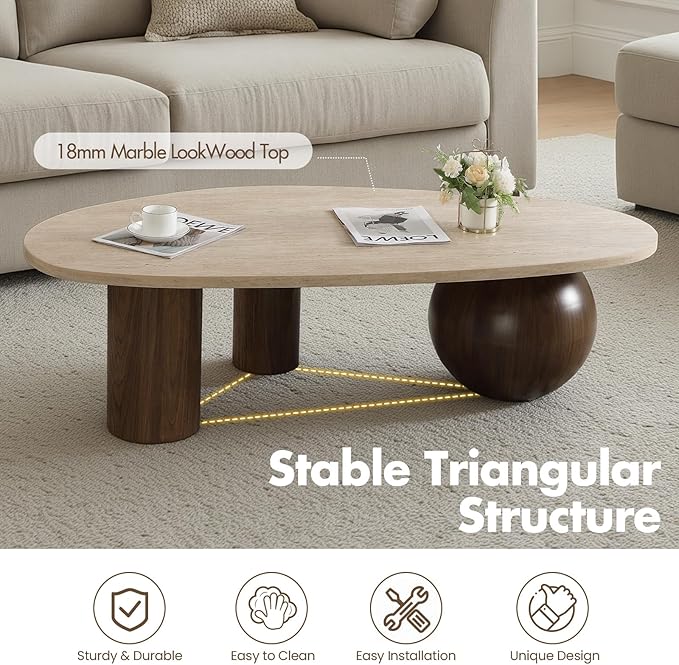 55" Modern Cloud Coffee Table for Living Room, Travertine-Pattern Top Irregular Coffee Table with Walnut Wood Finished Legs, Modern Indoor Accent Center Table for Living Room Bedroom
