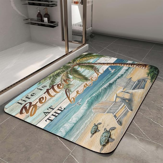 Beach Sea Turtle Seagull Palm Tree Ocean Bathroom Rugs Mat, Non Slip Rustic Beach Bath Rugs for Bathroom, Durable Rustic Wooden Flannel Mat Rug, Absorbent Water Mats for Laundry Room Kitchen,17X29