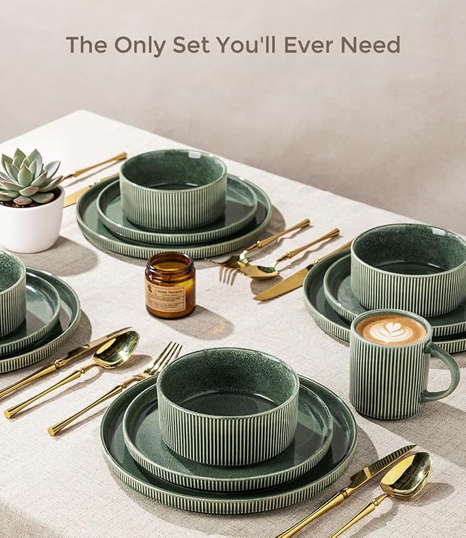 GBHOME 18-Piece Stoneware Dinnerware Set for 6 – Ribbed Ceramic Plates and Bowls, Scratch-Resistant, Microwave & Dishwasher Safe, Reactive Glaze, Dark Green