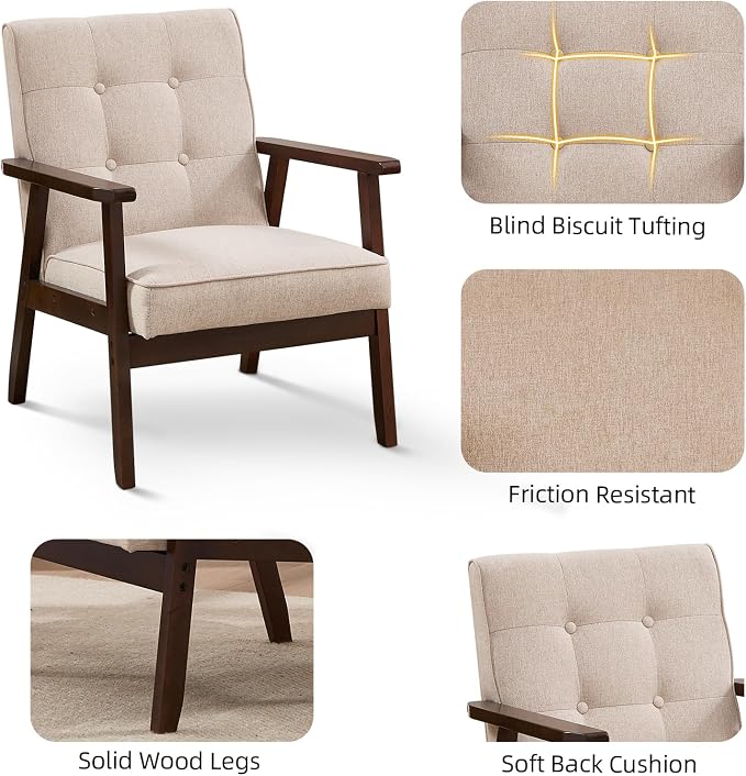 IOMOR Accent Chair Mid Century Modern Chair for Living Room, Comfy Fabric Armchair with Solid Wood Frame Soft Thick Padded, Side Chairs Easy Assembly (1, Fabric Beige)