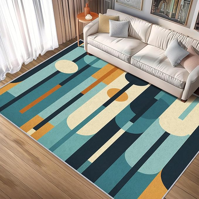 Mid Century Rug 8x12, Washable Modern Geometric Rugs for Living Room Bedroom, Abstract Mid-Century Area Rug for Home Decor, Non Slip Backing Floor Carpet - 8 x 12 ft