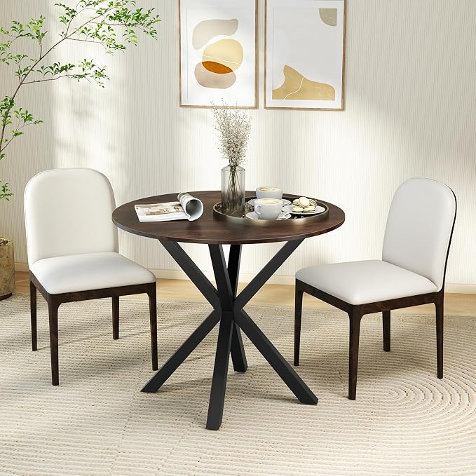 Moccha 36" Round Dining Table for 4 - Rubber Wood Kitchen Table with Intersecting Trestle Legs, Vintage Bar Table, Farmhouse Dining Room Tables for Dinette, Small Space, Restaurant, Bistro (Brown)