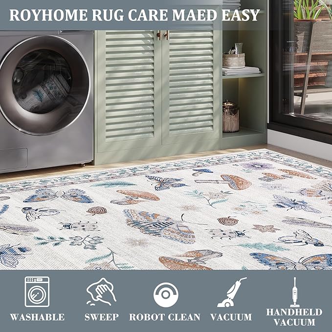 Washable 8x10 Rug for Living Room Vintage Mushroom Floral Accent Carpet Non Shedding Nursery Kids Room Rug Non Slip Soft Bedroom Large Area Rug Low Pile Boho Carpet for Dining Room Apartment, Beige