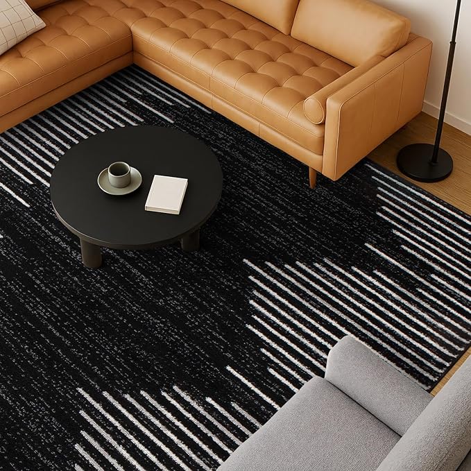 Rugshop Bohemian Stripe Stain Resistant High Traffic Living Room Kitchen Bedroom Dining Home Office Area Rug 8' x 12' Black