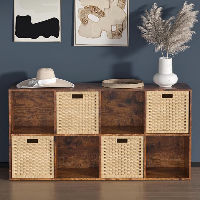 Wooden 8 Cube Storage Organizer with Closed Back Panel,Brown Cube Shelf Cubby Storage Organizers with Compartments for Living,Bookshelf,Organizers Easy to Install (Retro Brown, 8 Cube)