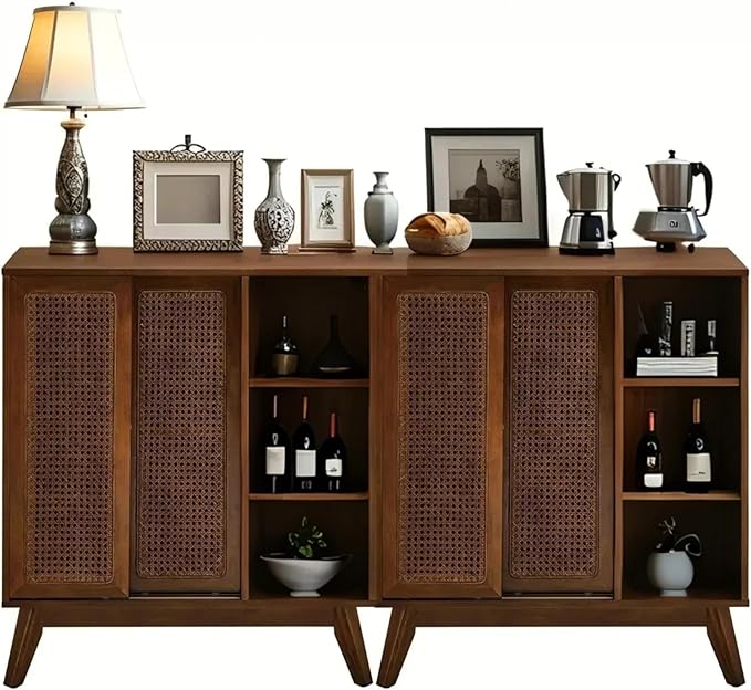 LKTART Mid Century Modern Storage Cabinet with Rattan Sliding Doors and Open Shelves, Boho Style Wooden Sideboard Buffet for Living Room,Dark Walnut