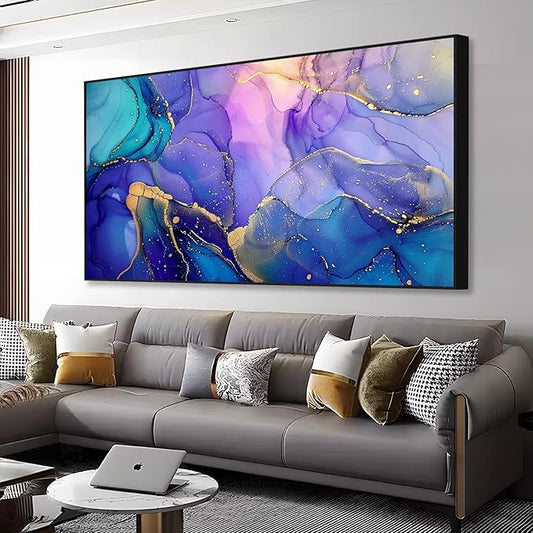 Abstract Marble Canvas Wall Art, Alcohol Ink Wall Art, Purple Canvas Wall Art, Blue Purple Marble Painting, Abstract Wall Art, Purple and Gold Wall Decor, Canvas Wall Art for Living Room (Black Metal Frame, 36"x20" | 92x52cm)