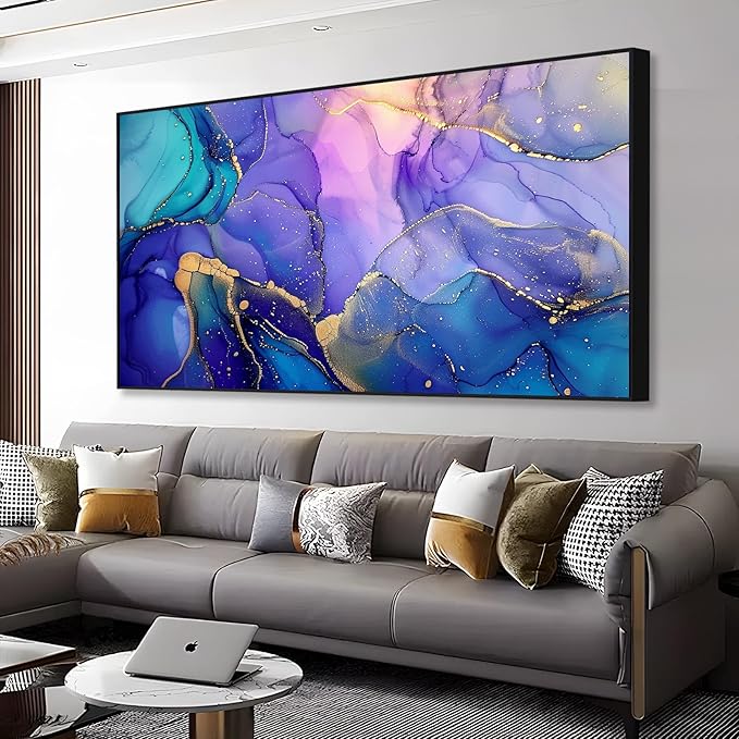 Abstract Marble Canvas Wall Art, Alcohol Ink Wall Art, Purple Canvas Wall Art, Blue Purple Marble Painting, Abstract Wall Art, Purple and Gold Wall Decor, Canvas Wall Art for Living Room (Black Metal Frame, 30"x17" | 76x43cm)