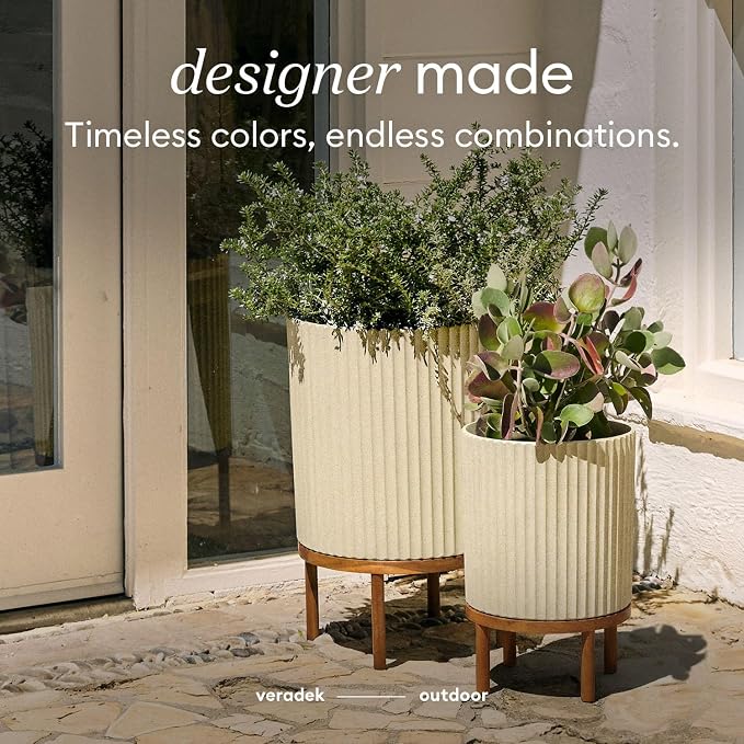 Veradek Demi Series Round Planter w/Stand for Porch/Patio | Durable Plastic-Stone Composite & Wooden Stand | Modern Décor for Tall Plants, Flowers