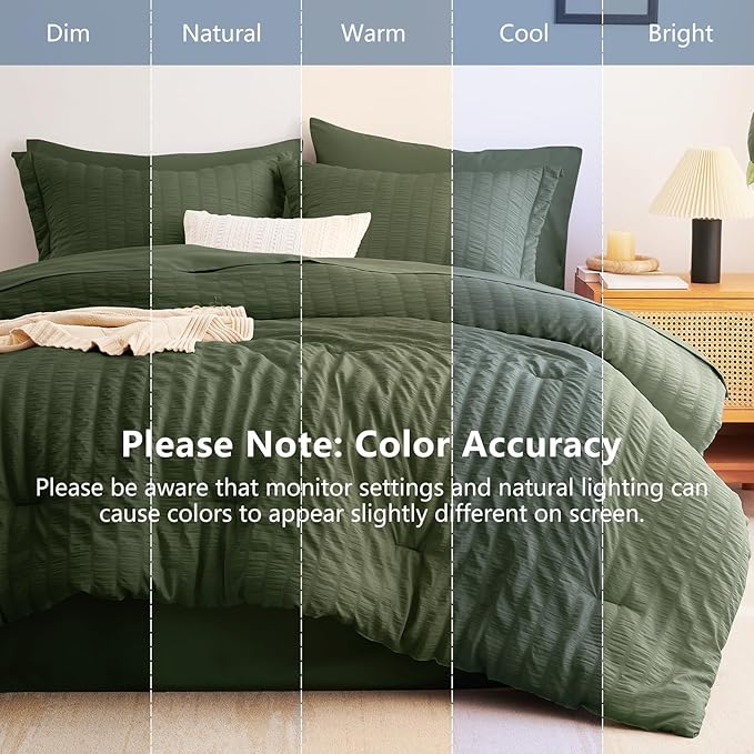 CozyLux Oversized King Comforter Set with Sheets, 7 Pieces 120"x98" Olive Green Seersucker Bed in a Bag, Luxury Soft Bedding Set with Down Alternative Comforter, Sheets, Pillowcases & Shams, Home Gift