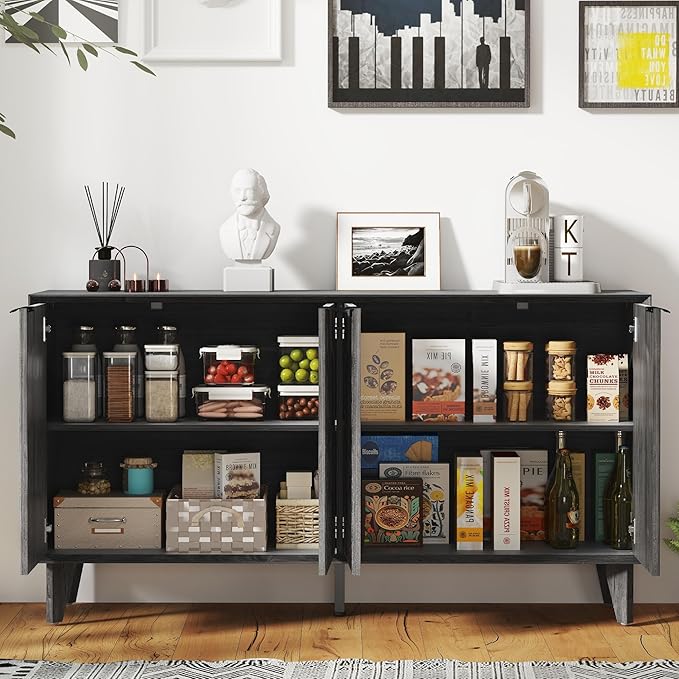 Fluted Cabinet with Storage, Buffet Storage with 4 Doors, Buffet Sideboard Accent Cabinet with Adjustable Shelves for Living Room, Kitchen, Entry, Hallway, Black&Grey