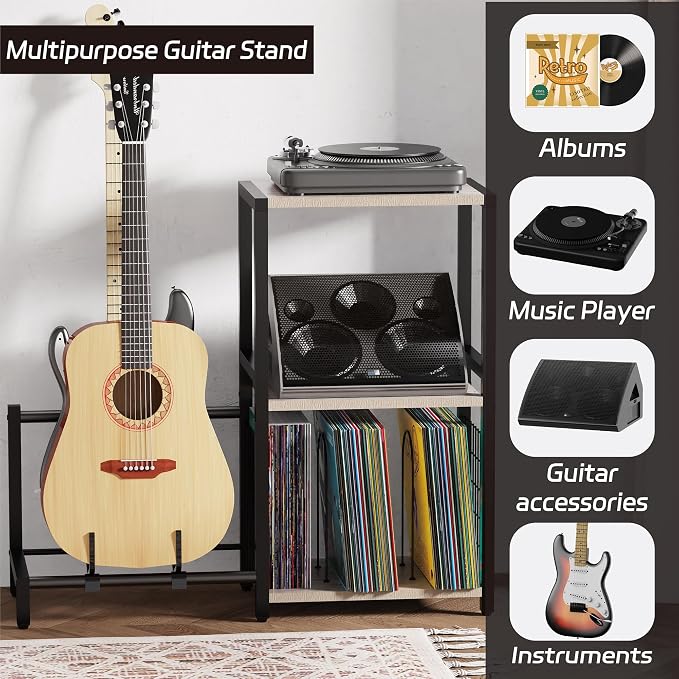 YAKANJ End Table with Guitar Stand,Record Player Stand,Vinyl Records Storage,2-Tier Guitar Stand for Acoustic,Turntable Stand for Music Studio,Grey