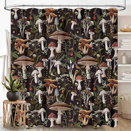 Mushroom Shower Curtain, RFarmhouse Country Wild Floral Botanical Mushroom Cottagecore Nature Plants Leaves Herbs Black Waterproof Fabric Bathroom Shower Curtain Set with Hooks, 72"x78" Inch