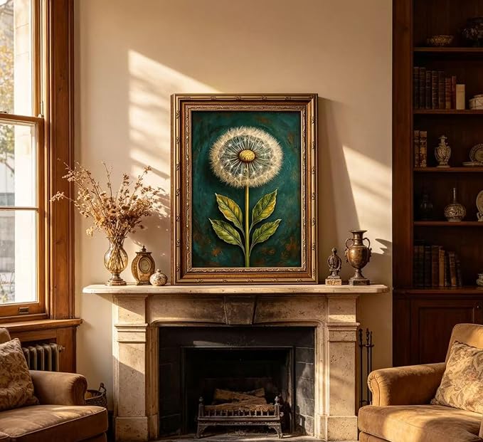 Vintage Gold Framed Dandelion Canvas Wall Art, Teal Background Botanical Oil Painting Print, Retro Moody Botanical Picture Poster， Country Farmhouse Wall Decor，for Home Living Room Bedroom，12x16in