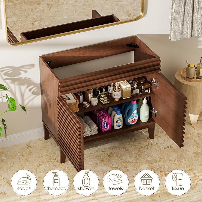 ROOMTEC 36" Bathroom Vanity, Mid-Century Freestanding Bathroom Cabinet Vanity with Storage, Particleboard Frame with Wood Grain Laminate, Walnut (Sink Basin Not Included)