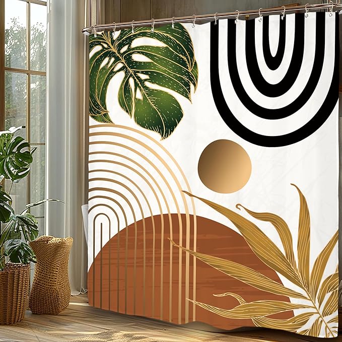 Miyotaa Abstract Mid Century Shower Curtain Set 60Wx71H Inches Minimalist Aesthetic Modern Contemporary Plant Leaves Neutral Rust Vintage Polyester Waterproof Bathroom Curtain with 12 Hooks