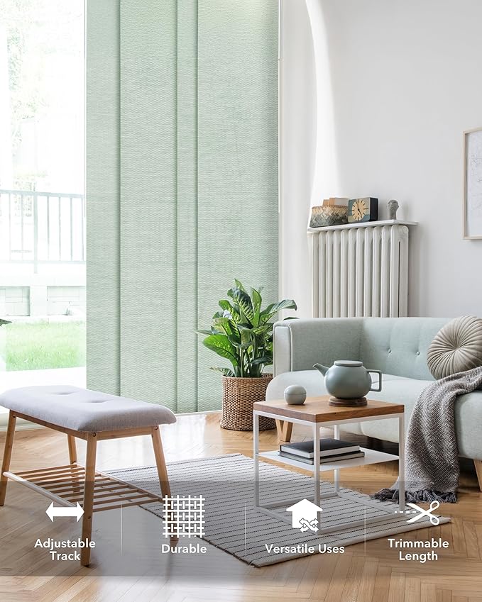 GoDear Design Adjustable Sliding Panel Track Sliding Glass Door Blinds 45.8"- 86" W x 96" H, Extendable Vertical Blinds for Patio Doors, Green Shimmering Trimmable Woven Fabric Panel, Semi-Sheer, Jade