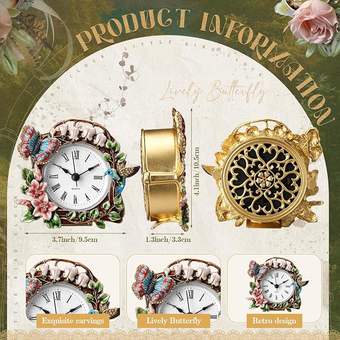 Kenning Vintage Mini Table Clock, 3.5 Inch Small Decorative Metal Non Ticking Analog Quartz Battery Operated Table Top Clock for Living Room Bedroom Bedside Desk Decor(Butterfly)