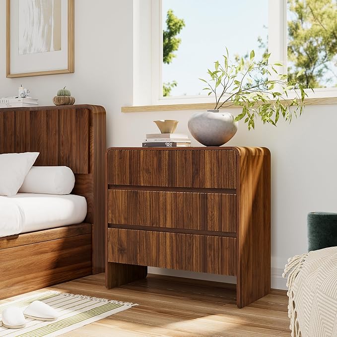 BERRYMERRY Flute 3 Drawer Dresser,31.5" Wide Dresser Nightstand for Bedroom,Mid Century Modern Wood Chest of Drawer with Curved Profile,Large Nightstand with 3 Drawer for Closet