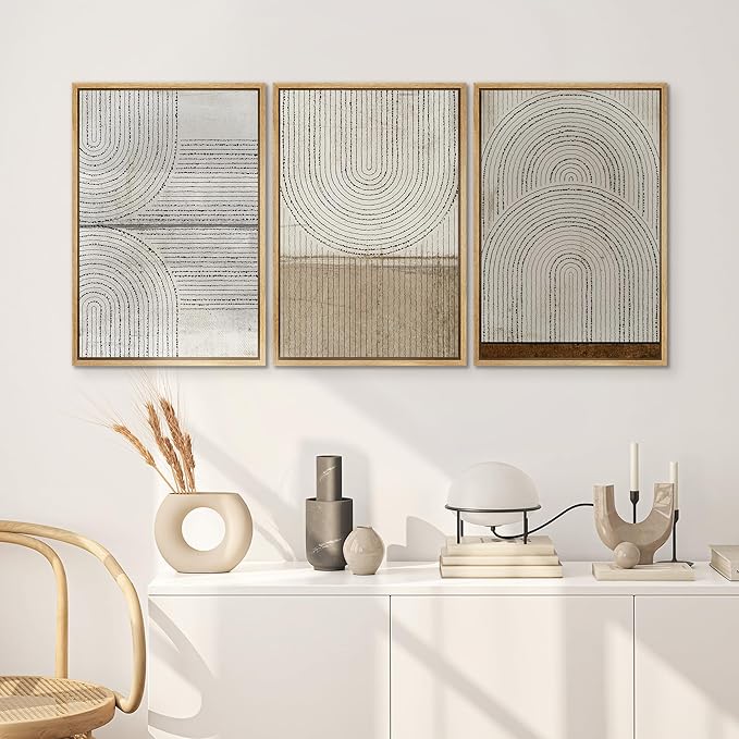 SIGNWIN Framed Canvas Print Wall Art Set Grunge Circle Polygon Collage Abstract Geometric Cozy Neutral Modern Art Decorative Boho for Living Room, Bedroom, Office - 16"x24"x3 Natural