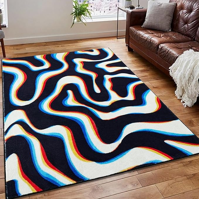Trippy Abstract 4x6 Area Rug Ultra Thin Flatweave Funky Aesthetic Minimalist Geometry Swirl Bedroom Rug Colorful Black White, Retro Cool Washable Carpet for Kitchen Entryway Living Room Dorm