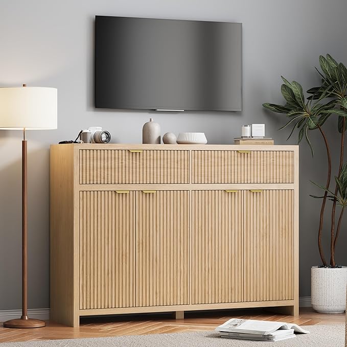 Fluted Sideboard Buffet Cabinet with Storage Drawers, 55" Large Accent Storage Cabinet with Doors and Adjustable Shelf, Modern Farmhouse Credenza for Entryway, Kitchen, Living Room - Wood
