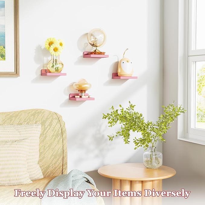 SRIWATANA Small Floating Shelves Wall Mounted, Wood Shelf for Decoration and Storage Set of 4, Mini Display Shelf for Bedroom, Bathroom, Kitchen, Office (Pink, 5 inch)