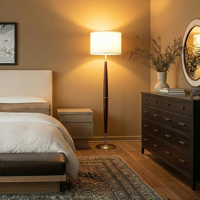 Brightech Lucas LED Floor Lamp, Modern Light for Living Rooms & Offices, Great Living Room Décor with Drum Shade & Handsome Wood Finish, Bohemian Standing Lamp for Bedroom Reading