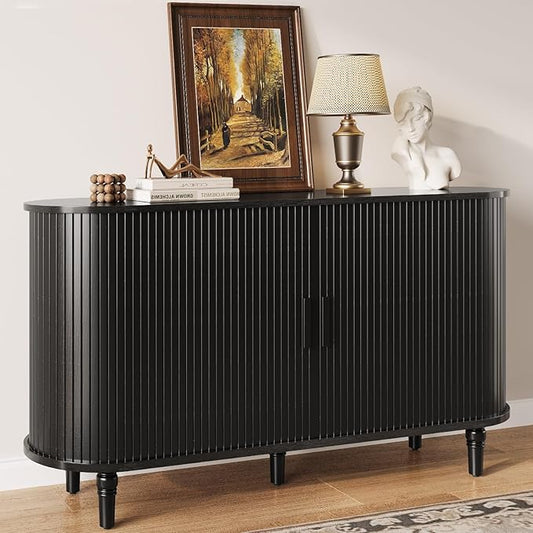 Sideboard Buffet Cabinet with Storage - Accent Kitchen Credenza Console Table with Sliding Door & Adjustable Shelf, Fluted Coffee Bar Sideboards for Living Room, Dining Room, Entryway, Black