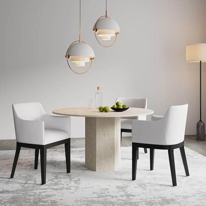 Manhattan Comfort Gansevoort Modern Faux Leather Dining Chair with Arms, Leatherette Upholstery on Solid Beech Wood Frame, Accent Furniture for Kitchen Table or Office, Set of 2, Cream