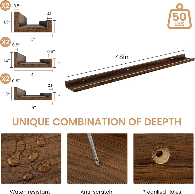 Picture Ledge Shelf Set of 6, 48 inch Long Large Floating Shelves for Wall with Lip, Wall Mounted Shelves for Living Room, Bedroom, Bathroom, Kitchen, Nursery,Walnut